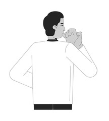 Poster - Thoughtful guy raising hand to mouth serious black and white 2D line character. Decision-making, problem-solving corporate man isolated vector outline person. Monochromatic spot illustration