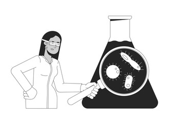Fototapete - Microbiologist analyzing water sample black and white 2D illustration concept. Female scientist in lab coat inspecting microorganisms outline character isolated. Metaphor monochrome vector art