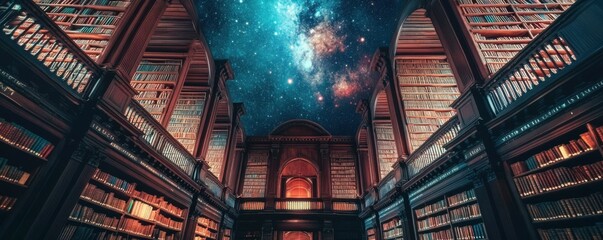 Poster - A majestic library with towering bookshelves reaching to the starry sky.