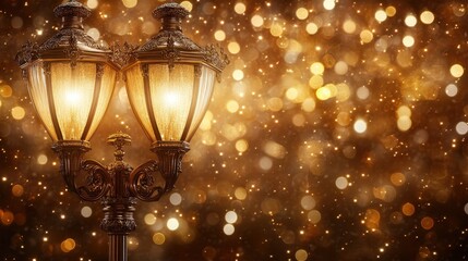 Wall Mural - elegant vintage street lamp illuminating a glowing bokeh background in warm tones for captivating at