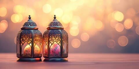 Wall Mural - stunning decorative lanterns with warm glow against a bokeh background, perfect for celebrations, ho