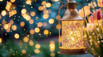 Canvas Print - enchanting lantern light amidst vibrant tulips and sparkling bokeh - a magical outdoor scene perfect