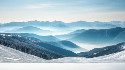 Wall Mural - stunning winter landscape showcasing mountains and snow-covered hills in soft light.