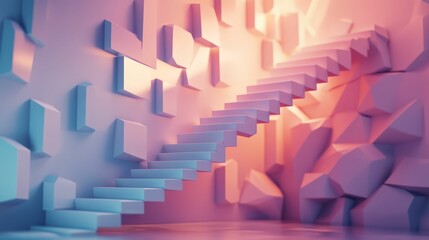 Wall Mural - Abstract pastel staircase in geometric landscape.