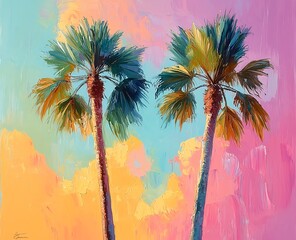 An acrylic painting of two palm trees in pastel tones, styled in fauvism with soft golden hour lighting