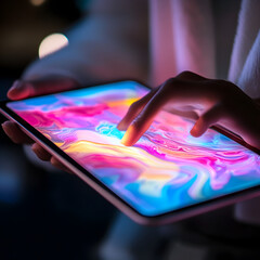 Poster - Digital Canvas:  Fingers trace vibrant, swirling colors on a tablet screen, illuminated by soft, ambient light, creating a mesmerizing blend of technology and art. 