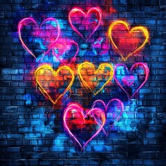 Poster - Neon Hearts on Brick Wall: Vibrant, multicolored neon hearts glow brightly against a dark brick wall, creating a captivating and romantic atmosphere. This image is perfect for Valentine's Day.