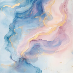 Poster - Serene Abstract Fluid Art: Dreamlike swirls of pastel blues, pinks, and gold create a mesmerizing abstract landscape, evoking feelings of serenity and tranquility.
