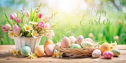 Poster - Beautiful colorful cheerful Easter composition with colorful Easter eggs in a basket and spring flowers on a table in the garden. The inscription Happy Easter.