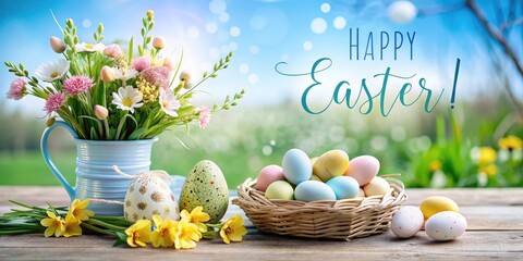 Poster - Beautiful colorful cheerful Easter composition with colorful Easter eggs in a basket and spring flowers on a table in the garden. The inscription Happy Easter.