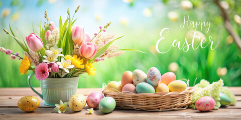 Poster - Beautiful colorful cheerful Easter composition with colorful Easter eggs in a basket and spring flowers on a table in the garden. The inscription Happy Easter.