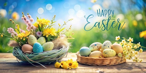 Poster - Beautiful colorful cheerful Easter composition with colorful Easter eggs in a basket and spring flowers on a table in the garden. The inscription Happy Easter.