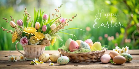 Poster - Beautiful colorful cheerful Easter composition with colorful Easter eggs in a basket and spring flowers on a table in the garden. The inscription Happy Easter.