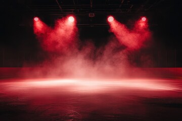 Wall Mural - ice hockey arena, with spotlights shining down from the top and two lights in front on a black background in a red color theme, with smoke.