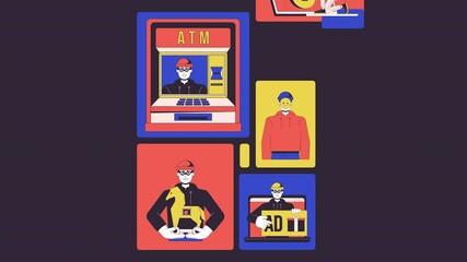 Poster - Cyber crimes bento grid animation. Cyberattacks. Trojan malware. Internet crime financial. Theft hackers collage motion 4K video web design. Animated cartoon characters collection mood board