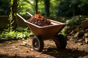 Wooden wheelbarrow carrying soil and dry leaves for gardening and composting in a garden during a sunny autumn day