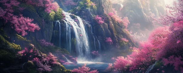 Poster - A majestic waterfall cascading down a mountain of vibrant spring blossoms, symbolizing the renewal of life.