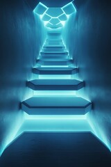 Wall Mural - Glowing blue steps leading into a geometric ceiling.