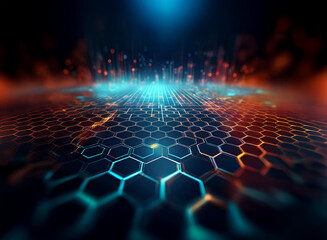 Aufkleber - Abstract digital landscape with glowing hexagonal grid, futuristic city skyline, and vibrant energy streams.  The scene evokes a sense of technological advancement and connectivity.