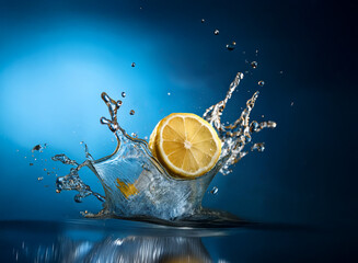 Aufkleber - A lemon slice falls into water, creating a vibrant splash against a deep blue backdrop.  The ice cubes and water droplets are sharply in focus.