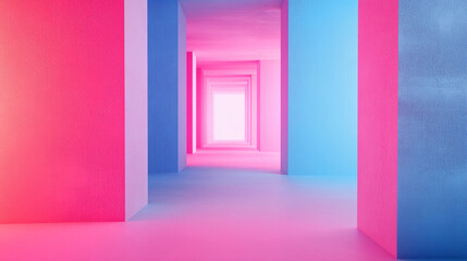 Poster - Colorful corridor transitions from blue to pink showcasing vibrant, modern architectural design and intriguing visual depth within a bright space. Generative AI