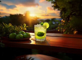 Poster - Refreshing lime cocktail, ice cubes, mint garnish, sits on wooden table at sunset.  Limes and foliage in foreground.  Golden hour light bathes the scene.