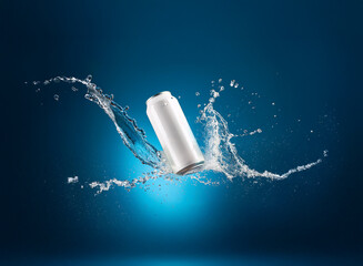 Poster - A sleek, white aluminum can is dynamically captured mid-air, surrounded by a vibrant splash of water against a deep blue backdrop.  The image evokes freshness and purity.