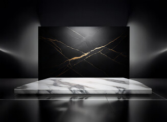 Poster - A sleek, minimalist display features a white marble platform before a dramatic black marble wall with gold veining.  Subtle lighting accentuates the textures and contrast.