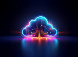 Fototapete - Glowing neon cloud symbol, digital circuitry, vibrant hues, reflecting on dark surface.  Represents data storage, network, technology.