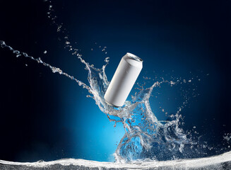 Poster - A sleek, white aluminum can plunges into water, creating a dramatic splash and wave action against a dark blue backdrop.  The scene is dynamic and refreshing.