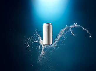 Poster - A pristine white aluminum can, seemingly suspended amidst a dynamic splash of water, is dramatically lit against a deep blue backdrop.  The image evokes freshness and purity.