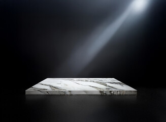 Poster - A sleek, rectangular marble platform is dramatically lit from above against a dark background, creating a sophisticated and minimalist display.