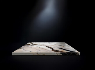 Poster - A sleek, square marble slab sits on a dark background, dramatically lit from above.  Its veined surface is subtly highlighted.