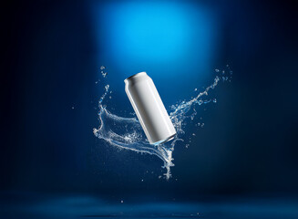Poster - A white aluminum can, seemingly weightless, is suspended amidst a dynamic splash of water against a deep blue backdrop.  The scene is dramatically lit, emphasizing the can's sleek form and the water's