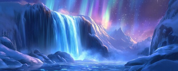 Poster - A majestic waterfall cascading down a mountain of glowing ice during the aurora borealis.