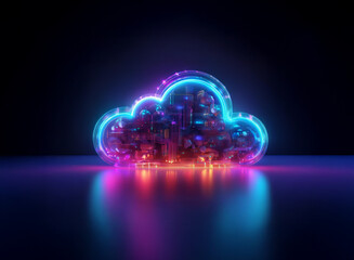 Aufkleber - Glowing neon cloud, a vibrant city within.  Digital infrastructure visualized; futuristic, abstract, and reflective.