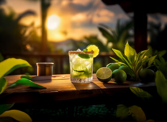Poster - Golden hour sunset illuminates a refreshing mojito cocktail on a rustic wooden bar.  Limes, mint, and ice are visible. Tropical leaves frame the scene.