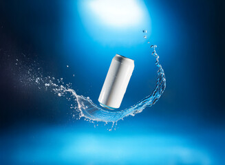 Poster - A white aluminum can, seemingly weightless, floats amidst a dynamic splash of water against a vibrant blue backdrop.  The scene is dramatically lit, highlighting the can and the water's movement.