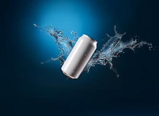 Poster - A sleek, white aluminum can is suspended amidst a dynamic splash of water against a deep blue backdrop.  The image evokes refreshment and purity.