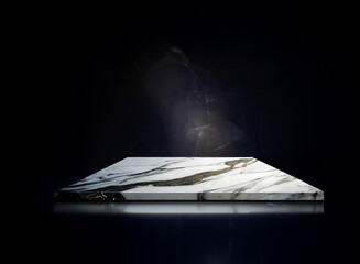 Poster - A square marble slab with grey and white veining rests on a dark reflective surface, illuminated from below, creating a dramatic, elegant display.  A subtle smoky effect adds to the mysterious ambianc