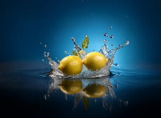 Poster - Two ripe lemons with leaves create a vibrant splash in still, dark blue water.  The reflection is clearly visible.