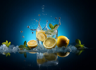 Poster - Refreshing lemon and mint drink with ice, splashing water, and a dark blue background.  The vibrant colors and dynamic splash create a feeling of coolness and refreshment.