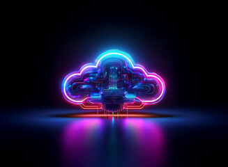 Fototapete - A vibrant neon cloud symbol, glowing with pink and blue light,  rests on a dark reflective surface.  Intricate circuitry is visible within the cloud form, suggesting advanced technology.