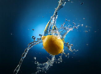 Poster - A vibrant yellow lemon is captured in a moment of dynamic action, submerged in a splash of clear water against a deep blue background.  The water creates an exciting, energetic visual.
