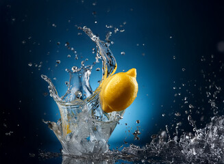 Aufkleber - A vibrant yellow lemon creates a dynamic splash as it enters a glass of clear water against a deep blue backdrop. The scene is captured in a moment of motion, showcasing the water's energy and the fru