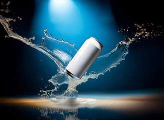 Poster - A pristine white beverage can, seemingly levitating amidst a dynamic splash of liquid, is dramatically illuminated against a deep blue backdrop.  The scene suggests refreshment and purity.