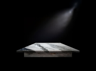 Poster - A sleek, grey marble platform is dramatically lit against a pitch-black backdrop.  The spotlight emphasizes its polished surface and clean lines, perfect for product display.