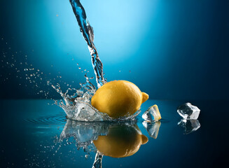 Poster - A vibrant yellow lemon submerged in a cascade of water, creating a dynamic splash against a deep blue background. Ice cubes rest nearby, enhancing the refreshing image.