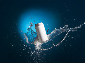 Poster - A pristine white aluminum can, seemingly weightless, emerges from a dynamic splash of water against a deep blue backdrop.  The scene is clean, modern, and evokes a sense of refreshment.
