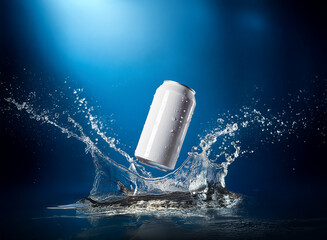 Poster - A pristine white aluminum can, glistening with condensation, splashes into clear water, creating a dynamic wave.  The backdrop is a rich, deep blue.